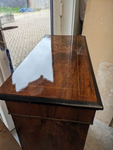 Victorian and Walnut Inlaid Pier Cabinet. Standing Upon a Plinth Base Victorian and Walnut Inlaid Pier Cabinet top repair.