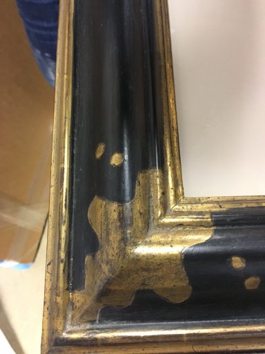 Antique, 19th century French Louis Philippe style frame copy. Antique, 19th century French Louis Philippe style frame copy.
Painted in piano black, with gilded corners, inner and outer rails.